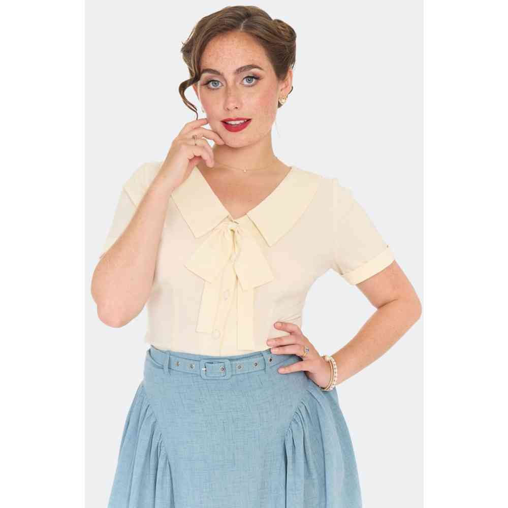 Voodoo Vixen - Tie Neck Short Sleeve Bluse - Creme